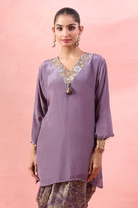 Alaya Advani Purple Crepe Embroidery, Tassels, Foil Printing Kurta And Floral Dhoti Pant at Aza Fashions Alaya Advani_Purple Crepe Embroidery, Tassels, Foil Printing Kurta And Floral Dhoti Pant _at_Aza_Fashions