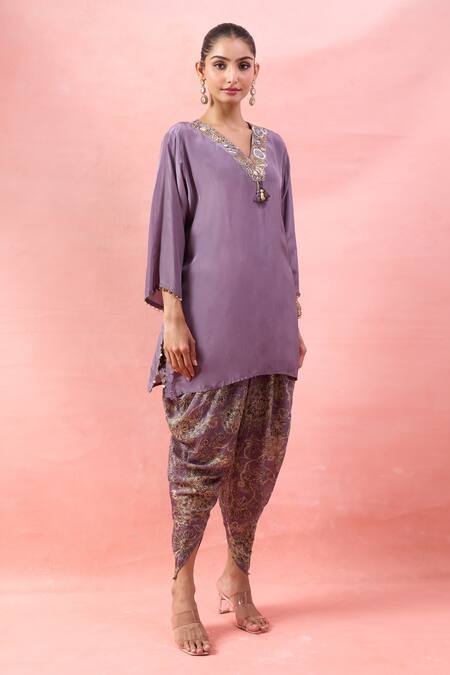 Buy Alaya Advani Purple Crepe Embroidery, Tassels, Foil Printing Kurta And Floral Dhoti Pant Buy_Alaya Advani_Purple Crepe Embroidery, Tassels, Foil Printing Kurta And Floral Dhoti Pant