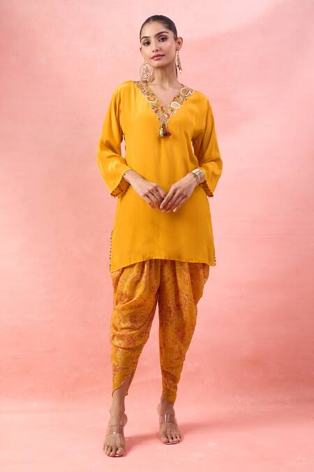 Alaya Advani Yellow Crepe Embroidery, Tassels Split Short Kurta And Floral Print Dhoti Pant Online at Aza Fashions Alaya Advani_Yellow Crepe Embroidery, Tassels Split Short Kurta And Floral Print Dhoti Pant _Online_at_Aza_Fashions