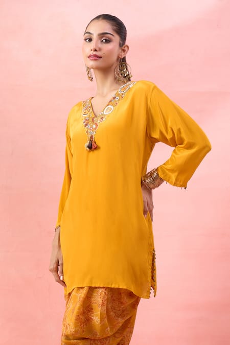 Buy Alaya Advani Yellow Crepe Embroidery, Tassels Split Short Kurta And Floral Print Dhoti Pant Online at Aza Fashions Buy_Alaya Advani_Yellow Crepe Embroidery, Tassels Split Short Kurta And Floral Print Dhoti Pant _Online_at_Aza_Fashions