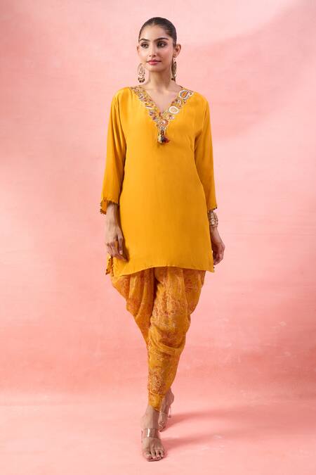 Shop Alaya Advani Yellow Crepe Embroidery, Tassels Split Short Kurta And Floral Print Dhoti Pant Online at Aza Fashions Shop_Alaya Advani_Yellow Crepe Embroidery, Tassels Split Short Kurta And Floral Print Dhoti Pant _Online_at_Aza_Fashions
