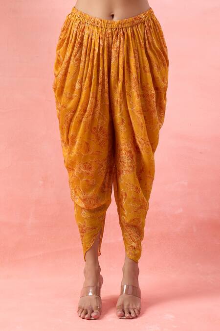 Buy Alaya Advani Yellow Crepe Embroidery, Tassels Split Short Kurta And Floral Print Dhoti Pant Buy_Alaya Advani_Yellow Crepe Embroidery, Tassels Split Short Kurta And Floral Print Dhoti Pant