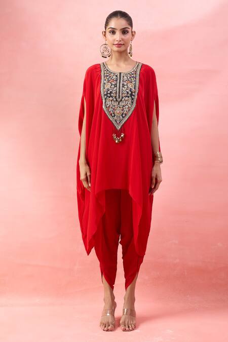 Alaya Advani_Red Crepe Embroidery, Beads, Tassels Round Neck Cape Kurta And Tulip Pant Set _Online_at_Aza_Fashions