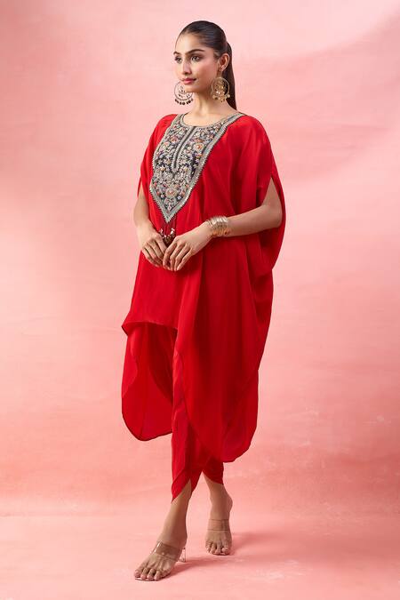 Buy_Alaya Advani_Red Crepe Embroidery, Beads, Tassels Round Neck Cape Kurta And Tulip Pant Set _Online_at_Aza_Fashions