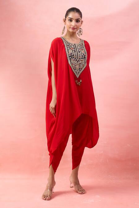 Shop_Alaya Advani_Red Crepe Embroidery, Beads, Tassels Round Neck Cape Kurta And Tulip Pant Set _Online_at_Aza_Fashions