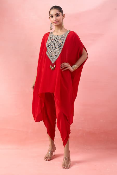 Alaya Advani Red Crepe Embroidery, Beads, Tassels Round Neck Cape Kurta And Tulip Pant Set 