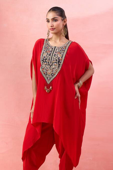 Alaya Advani_Red Crepe Embroidery, Beads, Tassels Round Neck Cape Kurta And Tulip Pant Set _at_Aza_Fashions