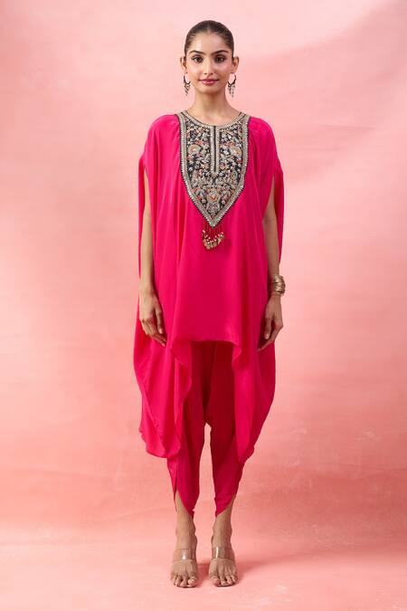 Buy_Alaya Advani_Pink Crepe Embroidery, Beads Round Neck Cape Kurta And Tulip Pant Set _Online_at_Aza_Fashions