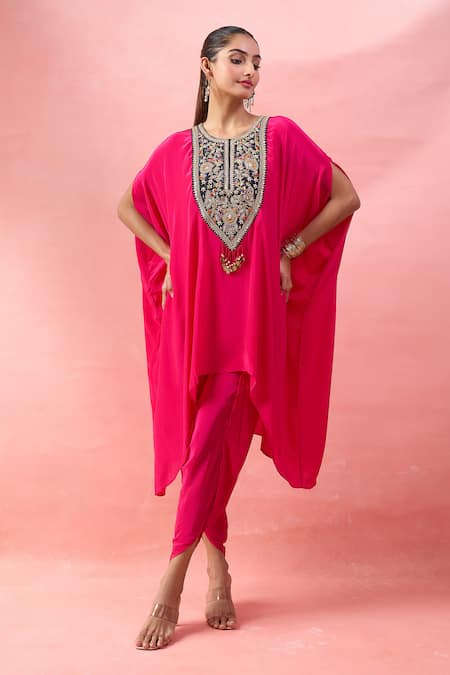 Shop_Alaya Advani_Pink Crepe Embroidery, Beads Round Neck Cape Kurta And Tulip Pant Set _Online_at_Aza_Fashions