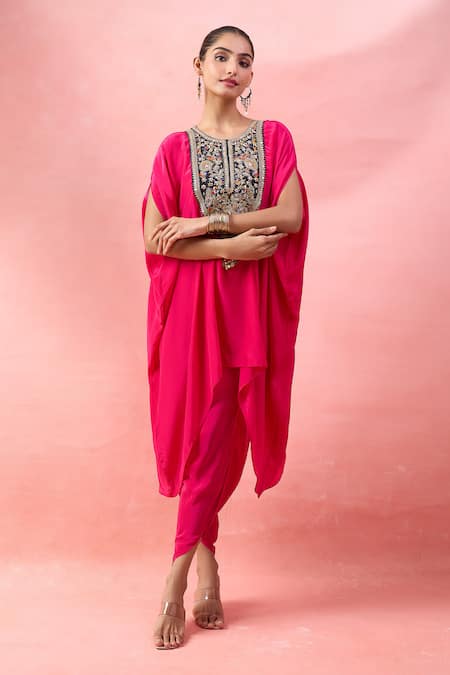 Alaya Advani_Pink Crepe Embroidery, Beads Round Neck Cape Kurta And Tulip Pant Set _at_Aza_Fashions