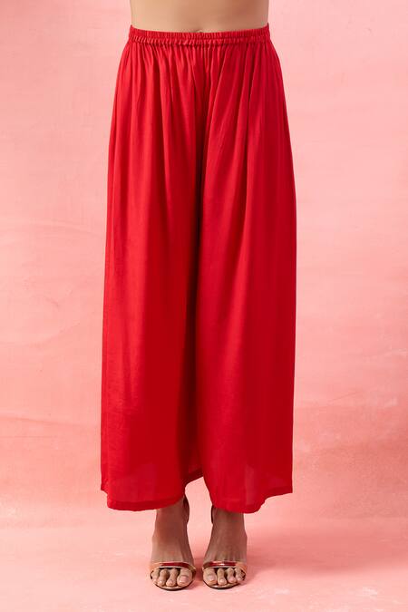 Alaya Advani_Red Crepe Embroidery, Beads, Zari Round Neck Yoke Kurta And Palazzo Set _Online_at_Aza_Fashions