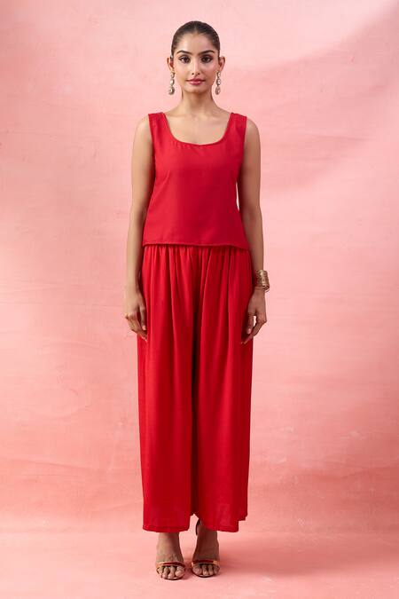 Buy_Alaya Advani_Red Crepe Embroidery, Beads, Zari Round Neck Yoke Kurta And Palazzo Set _Online_at_Aza_Fashions