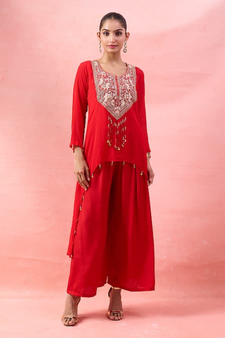 Shop_Alaya Advani_Red Crepe Embroidery, Beads, Zari Round Neck Yoke Kurta And Palazzo Set _Online_at_Aza_Fashions