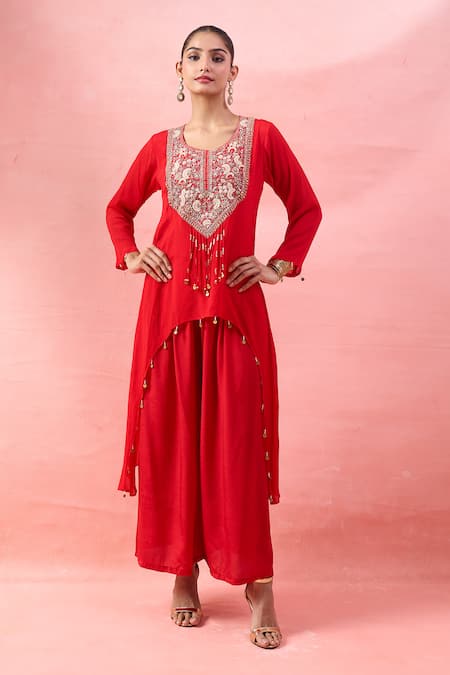 Alaya Advani_Red Crepe Embroidery, Beads, Zari Round Neck Yoke Kurta And Palazzo Set _at_Aza_Fashions