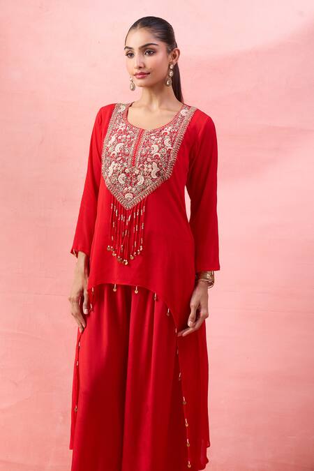 Buy_Alaya Advani_Red Crepe Embroidery, Beads, Zari Round Neck Yoke Kurta And Palazzo Set 
