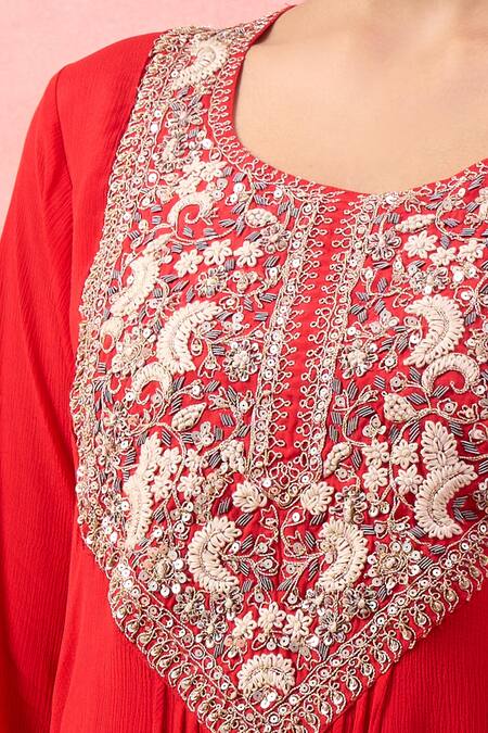 Shop_Alaya Advani_Red Crepe Embroidery, Beads, Zari Round Neck Yoke Kurta And Palazzo Set 