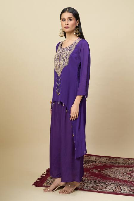 Alaya Advani_Purple Crepe Embroidery, Beads Round Neck Yoke High-low Kurta And Palazzo Set _Online_at_Aza_Fashions