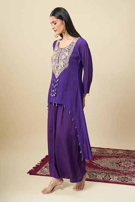 Buy_Alaya Advani_Purple Crepe Embroidery, Beads Round Neck Yoke High-low Kurta And Palazzo Set _Online_at_Aza_Fashions