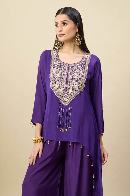 Shop_Alaya Advani_Purple Crepe Embroidery, Beads Round Neck Yoke High-low Kurta And Palazzo Set _Online_at_Aza_Fashions