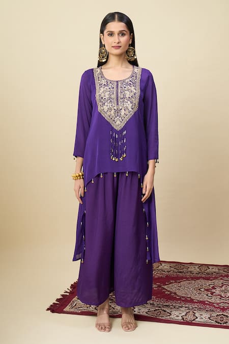 Alaya Advani_Purple Crepe Embroidery, Beads Round Neck Yoke High-low Kurta And Palazzo Set _at_Aza_Fashions