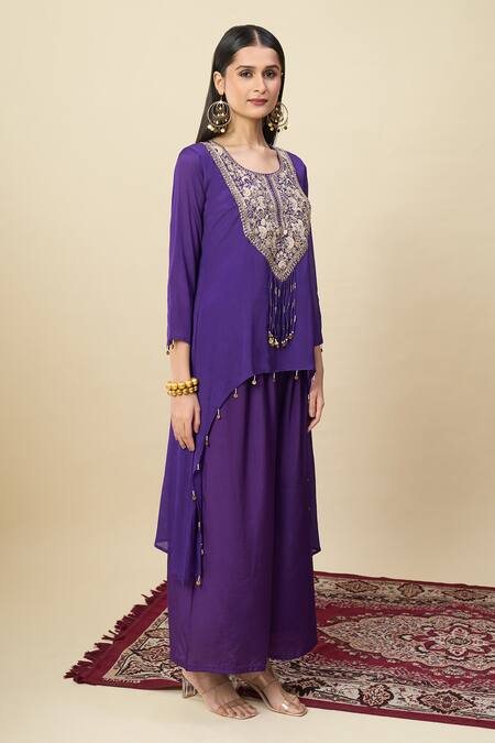 Buy_Alaya Advani_Purple Crepe Embroidery, Beads Round Neck Yoke High-low Kurta And Palazzo Set 