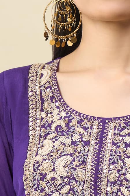 Shop_Alaya Advani_Purple Crepe Embroidery, Beads Round Neck Yoke High-low Kurta And Palazzo Set 