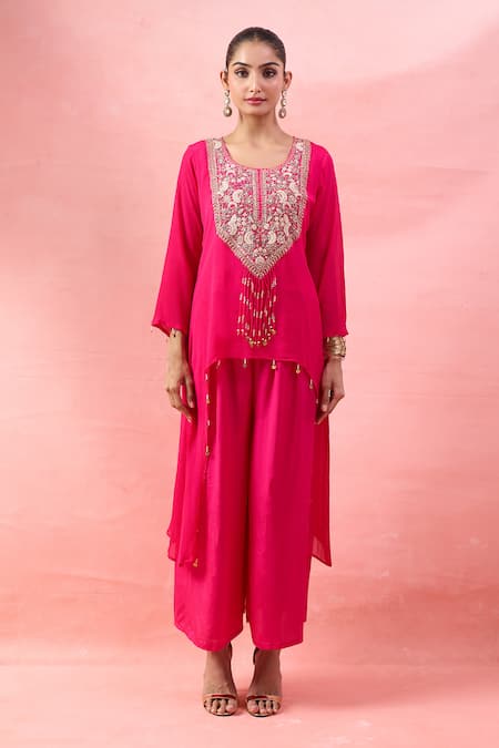 Buy_Alaya Advani_Pink Crepe Embroidery, Beads Round Neck High-low Kurta And Flared Pant Set _Online_at_Aza_Fashions