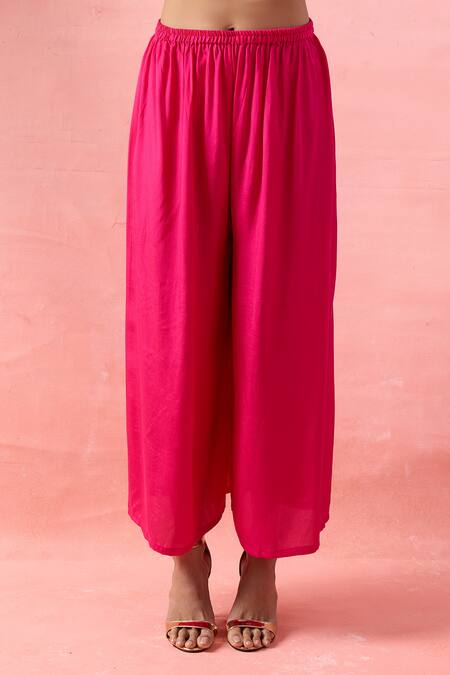 Shop_Alaya Advani_Pink Crepe Embroidery, Beads Round Neck High-low Kurta And Flared Pant Set _Online_at_Aza_Fashions