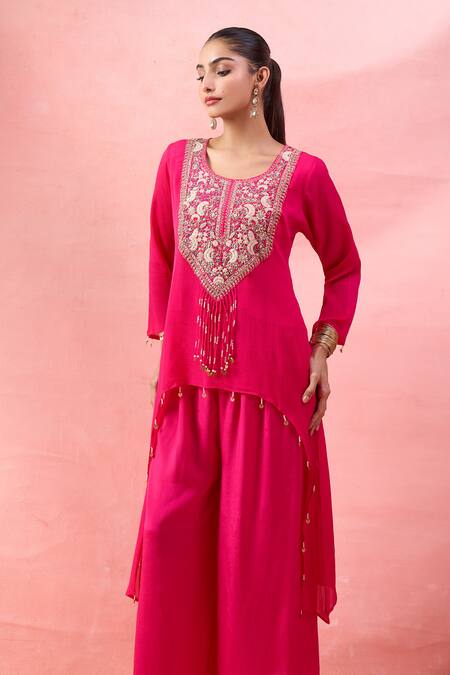 Alaya Advani_Pink Crepe Embroidery, Beads Round Neck High-low Kurta And Flared Pant Set _at_Aza_Fashions