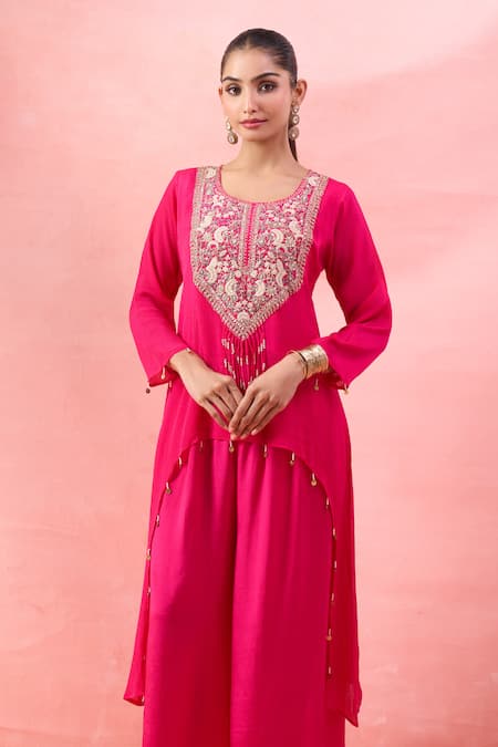 Buy_Alaya Advani_Pink Crepe Embroidery, Beads Round Neck High-low Kurta And Flared Pant Set 