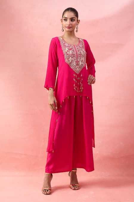 Alaya Advani Pink Crepe Embroidery, Beads Round Neck High-low Kurta And Flared Pant Set 