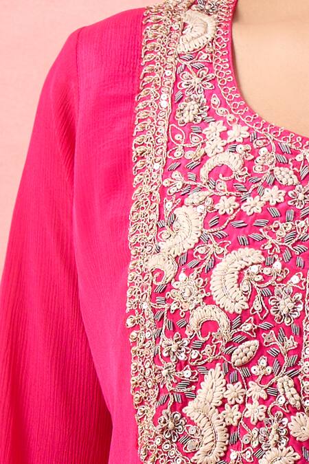 Shop_Alaya Advani_Pink Crepe Embroidery, Beads Round Neck High-low Kurta And Flared Pant Set 