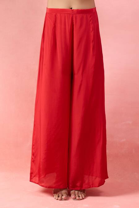 Buy_Alaya Advani_Red Satin, Georgette Embroidery V-neck Bandhani Kurta And Palazzo Set _Online_at_Aza_Fashions