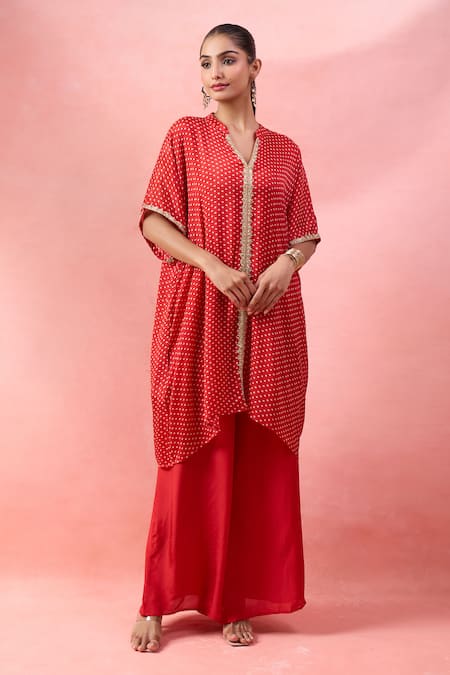 Alaya Advani Red Satin, Georgette Embroidery V-neck Bandhani Kurta And Palazzo Set 
