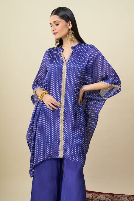 Shop_Alaya Advani_Blue Satin, Georgette Embroidery Split Bandhani Pattern Kurta And Palazzo Set _Online_at_Aza_Fashions