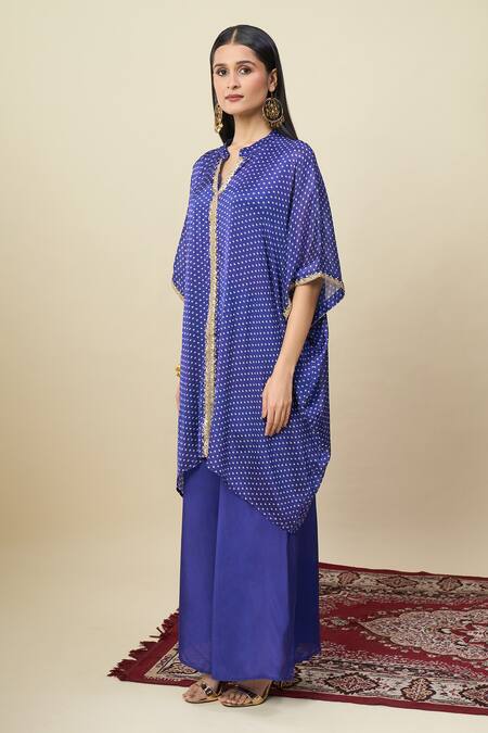 Shop_Alaya Advani_Blue Satin, Georgette Embroidery Split Bandhani Pattern Kurta And Palazzo Set 