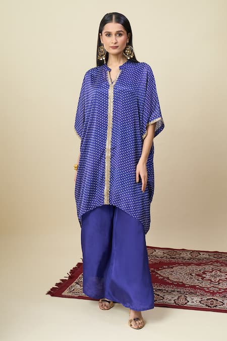Alaya Advani Blue Satin, Georgette Embroidery Split Bandhani Pattern Kurta And Palazzo Set 