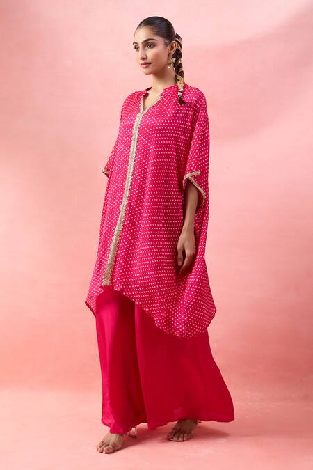 Buy Alaya Advani Pink Georgette Embroidery Split V-neck Bandhani Kurta And Flared Pant Set Online at Aza Fashions Buy_Alaya Advani_Pink Georgette Embroidery Split V-neck Bandhani Kurta And Flared Pant Set _Online_at_Aza_Fashions