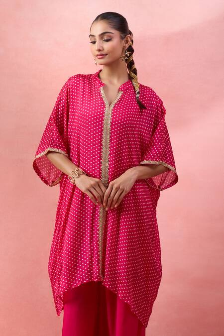 Buy Alaya Advani Pink Georgette Embroidery Split V-neck Bandhani Kurta And Flared Pant Set Buy_Alaya Advani_Pink Georgette Embroidery Split V-neck Bandhani Kurta And Flared Pant Set