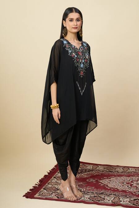 Shop_Alaya Advani_Black Georgette Notched Neck Embroidered Cape And Dhoti Pant Set _Online_at_Aza_Fashions