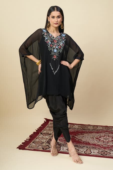 Alaya Advani Black Georgette Notched Neck Embroidered Cape And Dhoti Pant Set 