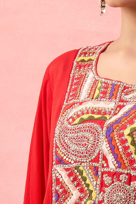 Shop_Alaya Advani_Red Georgette Embroidery, Beads Round Neck High-low Kurta And Pant Set _Online_at_Aza_Fashions