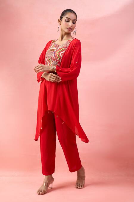 Shop_Alaya Advani_Red Georgette Embroidery, Beads Round Neck High-low Kurta And Pant Set 