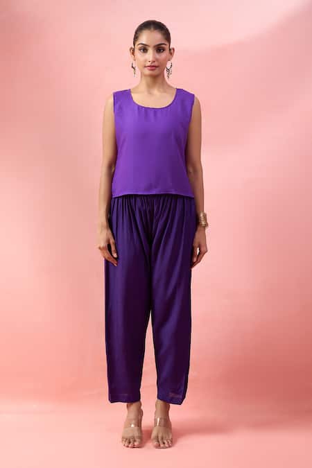 Alaya Advani_Purple Georgette Embroidery, Tassels, Mirrors, Beads High-low Kurta And Pant Set _Online_at_Aza_Fashions