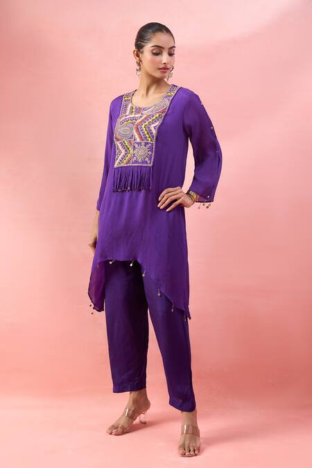 Shop_Alaya Advani_Purple Georgette Embroidery, Tassels, Mirrors, Beads High-low Kurta And Pant Set _Online_at_Aza_Fashions