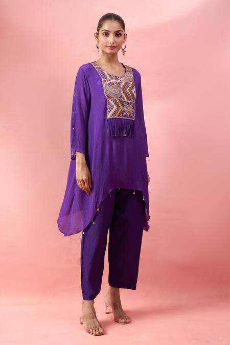 Buy_Alaya Advani_Purple Georgette Embroidery, Tassels, Mirrors, Beads High-low Kurta And Pant Set 