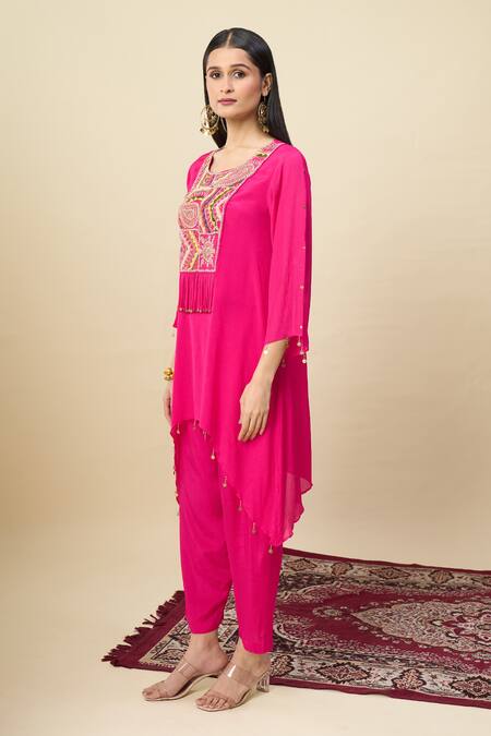 Buy_Alaya Advani_Pink Georgette Embroidery, Beads Round Neck High-low Yoke Kurta And Pant Set _Online_at_Aza_Fashions
