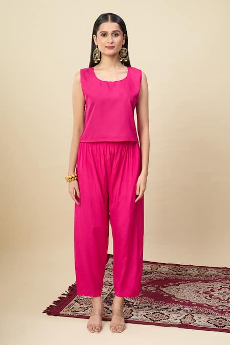 Shop_Alaya Advani_Pink Georgette Embroidery, Beads Round Neck High-low Yoke Kurta And Pant Set _Online_at_Aza_Fashions