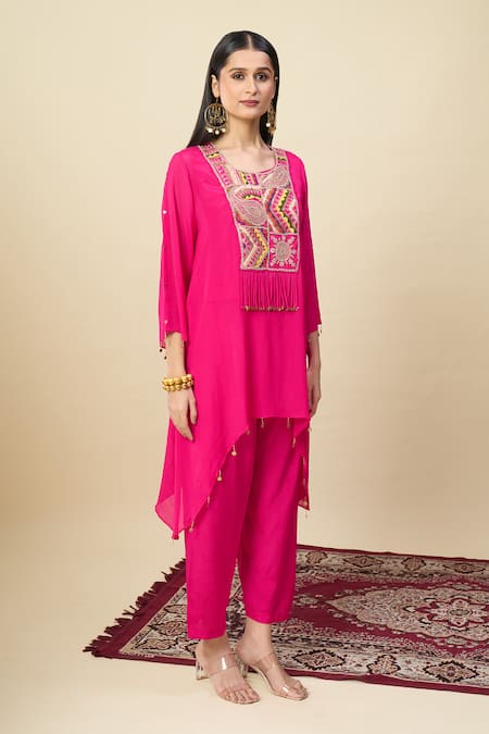 Buy_Alaya Advani_Pink Georgette Embroidery, Beads Round Neck High-low Yoke Kurta And Pant Set 