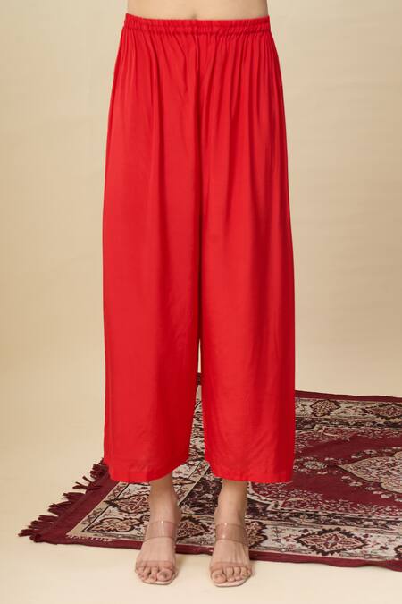 Buy_Alaya Advani_Red Satin, Georgette Embroidery, Beads Round Neck Yoke Kurta And Wide Leg Pant Set _Online_at_Aza_Fashions